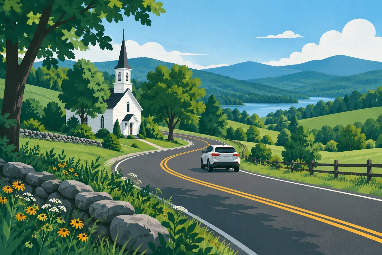 A country road through green hills with a small white church, a typical landscape of Vermont