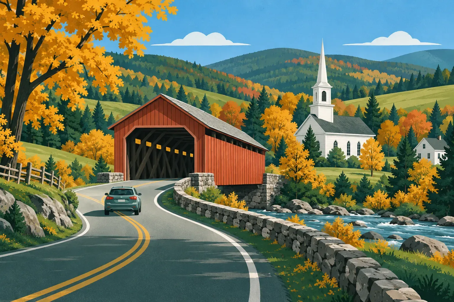 A red covered bridge and white church among green hills in autumn, in Vermont